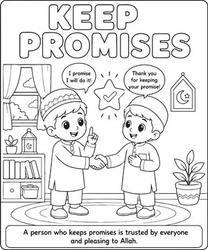 Islamic manners coloring page with children keeping promises line art illustration