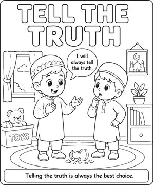 Islamic manners coloring page with children telling the truth black and white line art