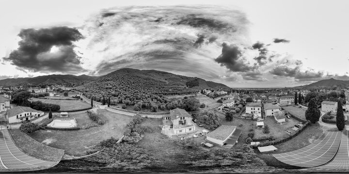 360 degree aerial panoramic view of Calci near Pisa surrounded by Tuscan countryside