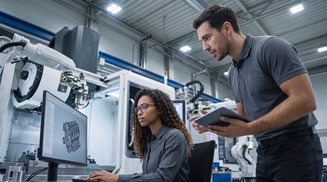 Female mechanical engineer with curly hair modeling engine on computer while male colleague holding tablet guides her near robotic machinery inside modern high-tech industrial factory.
