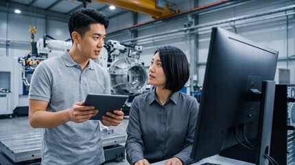 Fototapeta premium Professional Asian male and female industrial engineers analyzing complex production data on tablet and computer monitor inside modern high-tech smart manufacturing factory plant.