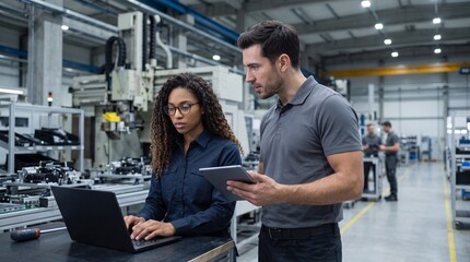 Fototapeta premium Diverse technical team of industrial engineers working on laptop computer and digital tablet inside modern manufacturing plant, discussing quality control, automated robotics background.