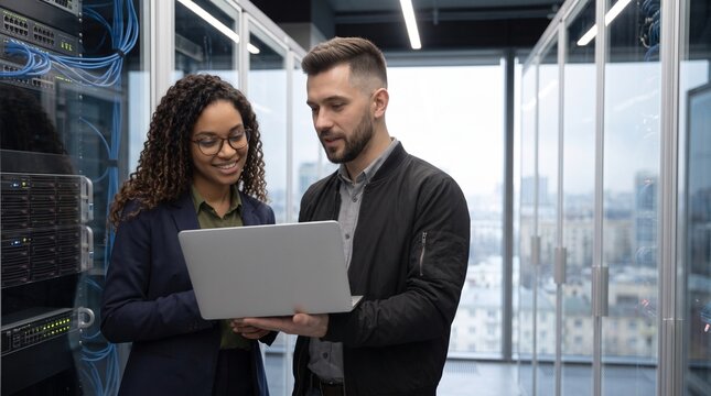 Diverse IT engineers working on laptop in server room data center. Professional African American woman and Caucasian man technicians configuring network database hardware system storage.