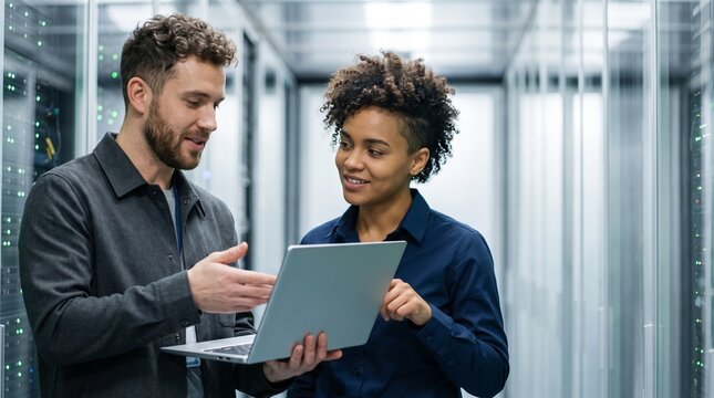 Professional IT engineers or data center specialists discussing technical network support while working on a laptop computer inside a modern server room infrastructure corridor.