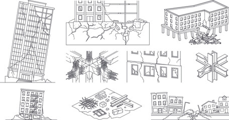 Obraz premium Earthquake Damage and Destroyed Buildings Architecture Elements Set Vector Line Art Illustration