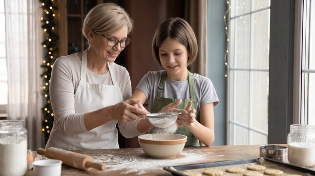 Lovely grandmother and cute granddaughter baking pastry in cozy kitchen, smiling senior woman in apron helping little girl to sift flour into a bowl while preparing delicious homemade food.