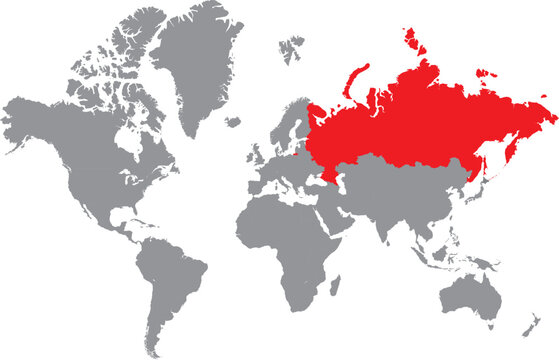 Vector illustration of Russia map highlighted in red color on grey world map on white background. Travel and tourism.