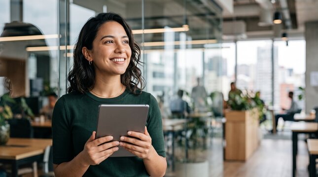 Happy young Latina businesswoman holding digital tablet, smiling in modern coworking open space office. Confident female entrepreneur working online, using touchscreen device, looking away.
