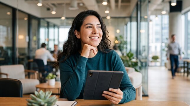 Portrait of thoughtful young Hispanic businesswoman holding digital tablet at office desk. Smiling Latina female entrepreneur, creative designer looking away daydreaming in workspace.
