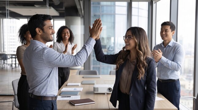 Happy young diverse colleagues man and woman giving high five celebrating success project at team business briefing in corporate office boardroom meeting.