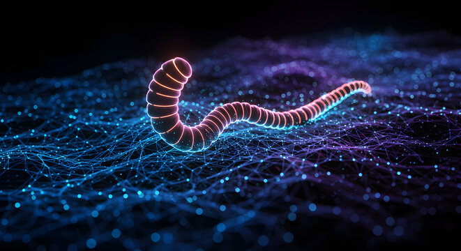 A glowing, segmented, worm-like organism or virus rendered with neon colors on a dark, abstract digital network background.