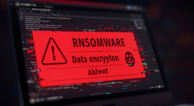 A close-up view of a laptop screen displaying a red ransomware warning message with data encryption alert and a skull icon, indicating a cyber attack.