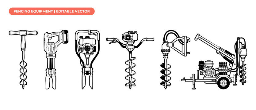 Post Hole Digger Earth Auger Vector Set, Fencing Equipment and Soil Drilling Tools, Manual and Gas Powered Ground Borers, Heavy Machinery Icons in Line Art Style for Construction and Landscaping DIY