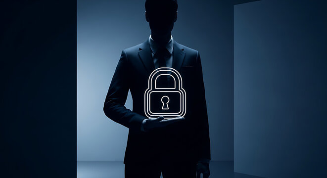 Man In Suit Holding a Digital Padlock Icon