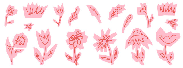Obraz premium Quirky flower cutout doodles with daisy poppy and tulip for kids collage. Playful floral scribbles and leaf in soft pink tone. Childlike vector scribble flower cutout set for school scrapbook or promo