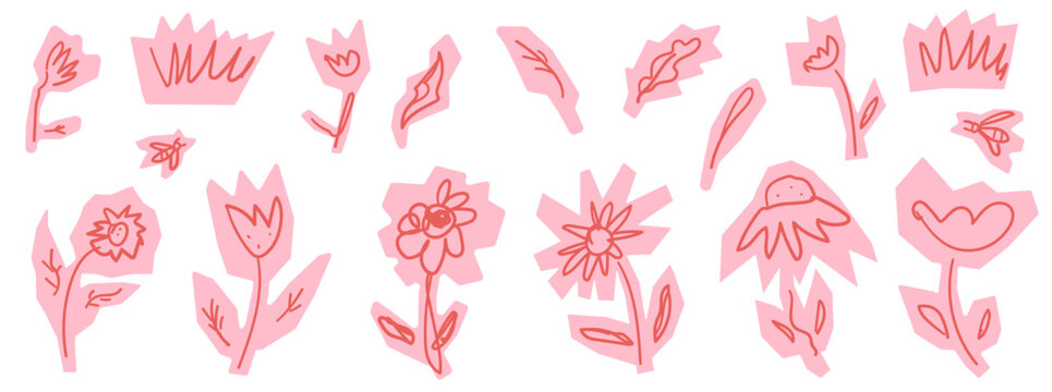 Quirky flower cutout doodles with daisy poppy and tulip for kids collage. Playful floral scribbles and leaf in soft pink tone. Childlike vector scribble flower cutout set for school scrapbook or promo