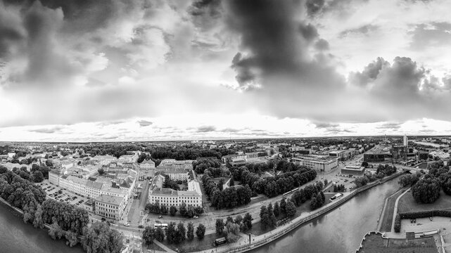 Panoramic aerial view of Tartu Estonia at sunset with city skyline