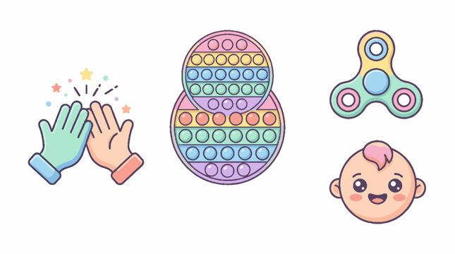 Cute vector icons set featuring high five hands pop it fidget toy spinner and baby face.