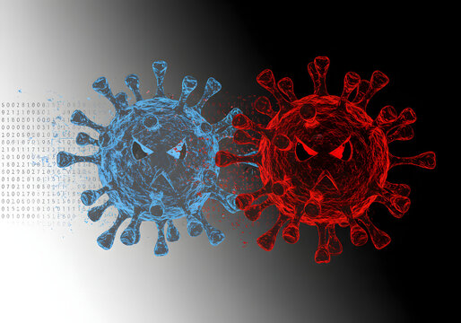 Two stylized virus entities, one blue and one red, with angry faces, confronting each other against a gradient background with digital elements.