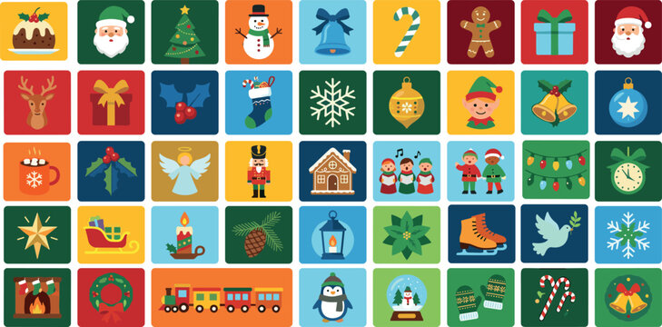 Cute festive square sticker block collection with reindeer gingerbread man toy train wreath lights candy cane and ornaments illustration