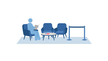 Fototapeta premium Individual reading a document while sitting in a blue armchair in a waiting room area with a coffee table and stanchion barrier.
