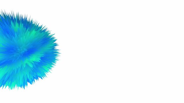 Blue and teal abstract 3D furry sphere rotating on the left edge of a clean white background in a seamless loop for website hero sections