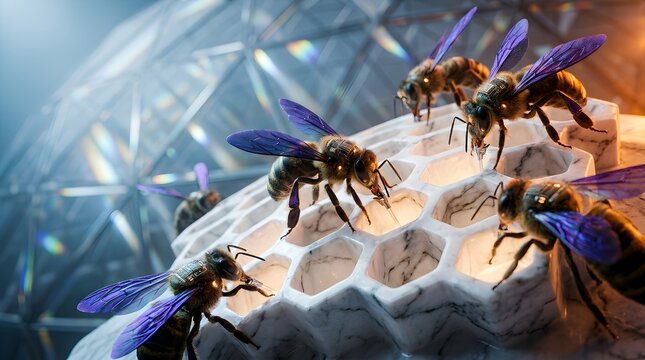 CloseUp Realistic Bees on Hexagonal Honeycomb Cells in Beehive