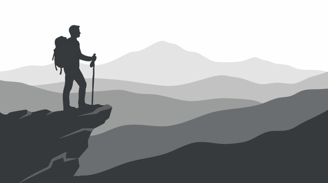 Hiker silhouette on mountain peak, minimalist layered landscape in grayscale