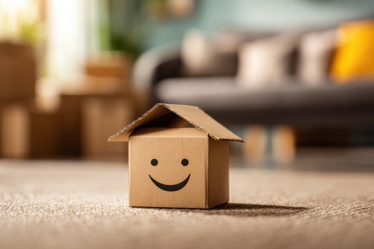 Smiling cardboard house on carpet a symbol of new homeownership and moving