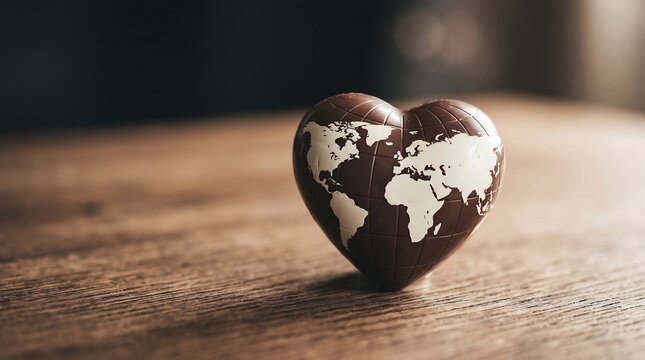 Heart-shaped globe on wooden surface with warm lighting