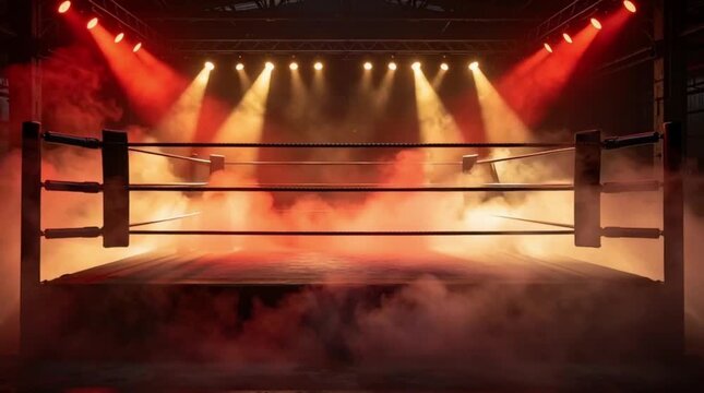 Empty professional boxing ring with dramatic spotlights and smoke for sports event intro and combat marketing