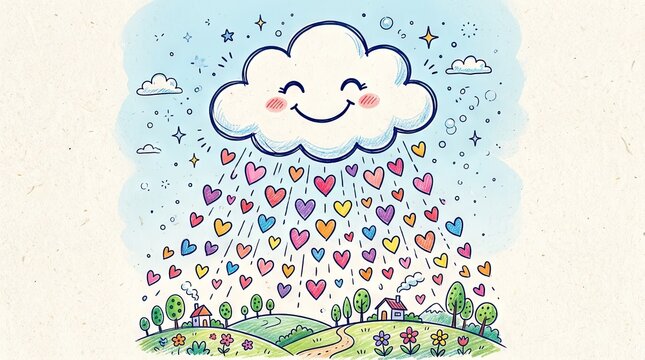 A cheerful cloud with a smiling face, releasing colorful hearts from its top, casting a magical glow over a picturesque landscape with houses, trees, and a winding path.