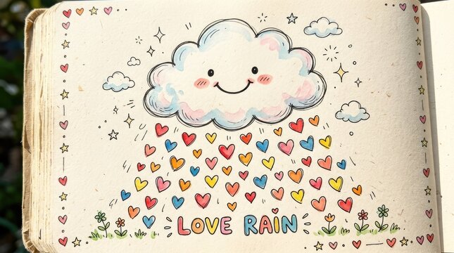 A cute, hand-drawn cloud with a smiling face and hearts falling from it, set against a white background with a border of stars and hearts.