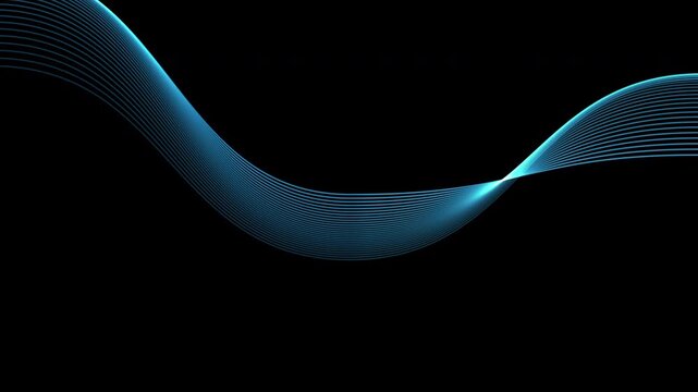 Abstract neon glowing dynamic wave lines in cyan blue tones flowing seamlessly against a dark black background, ideal for futuristic technology or data concepts.