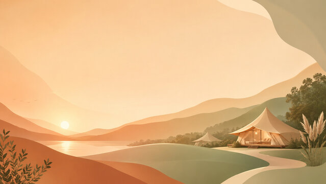 Warm Camping Lake Sunset Landscape Background