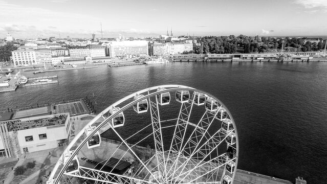 Scenic aerial panorama of Helsinki city center and coastal