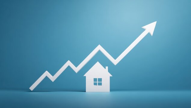 Real estate market growth white house model with rising arrow on blue background