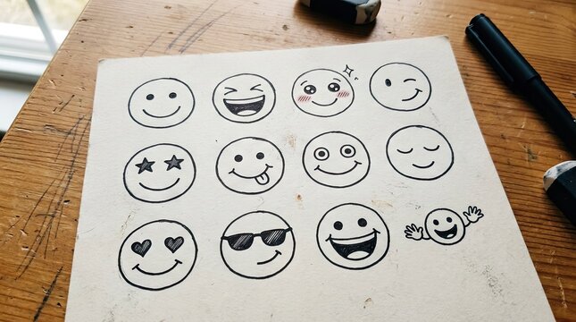 A collection of hand-drawn smiley faces on a piece of paper, with various expressions and emotions.
