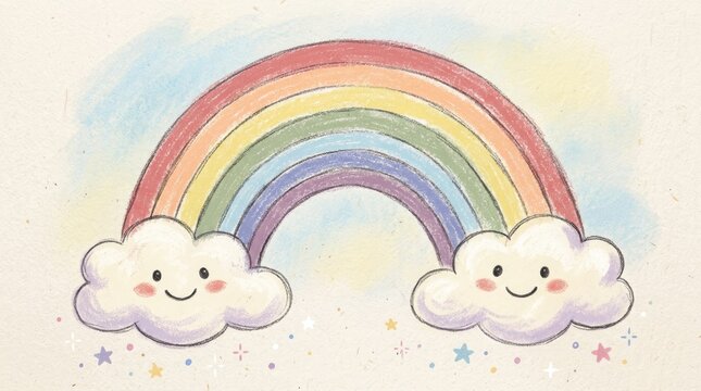 Two cute, fluffy clouds with smiling faces, floating in a blue sky with a rainbow above them.