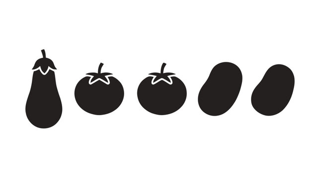 Vector illustration of set of vegetable icons including eggplant, tomato, and potato on a transparent background
