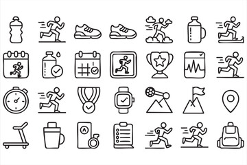 Naklejka premium Marathon Training Line Icons with Runners, Timing, Hydration and Race Preparation