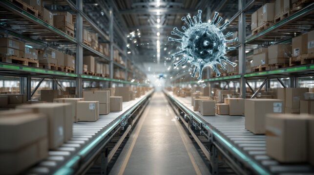 3D illustration of a modern logistics center with stacked parcels and a stylized virus symbol hovering above