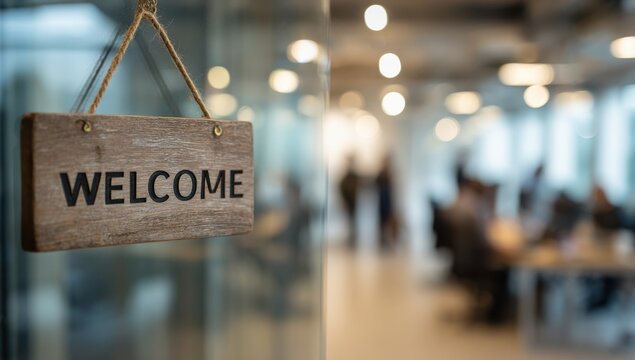 Rustic welcome sign hanging on glass door of modern office space