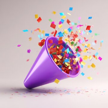 3D Rendered Purple Party Popper Emoji Bursting with Colorful Confetti