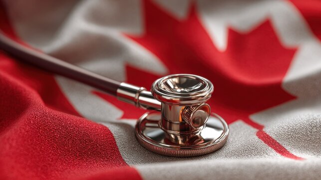 3D rendering of a stethoscope on the Canadian flag, healthcare symbolism in a digital illustration