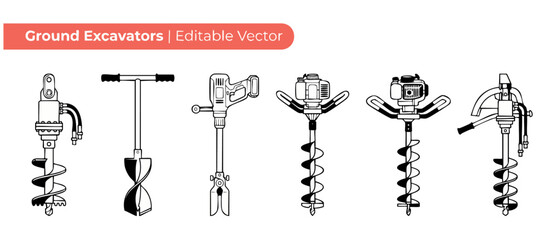 Fototapeta premium Earth auger post hole digger vector icon set of ground drill tools, manual and gas powered excavators, soil boring equipment, industrial construction drilling machine flat line art isolated on white.