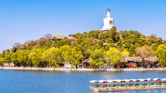 Summer view of white pagoda in Beihai Park, Beijing, China,