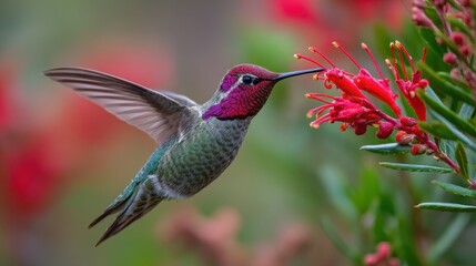 Fototapeta premium Adult male Anna's hummingbird hovering to sip nectar from a red tubular flower in Santa Cruz, California