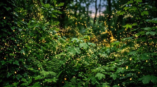 A vibrant forest scene with fireflies glowing in the dark, surrounded by lush green foliage and ferns, with a blurred background of trees and bushes.