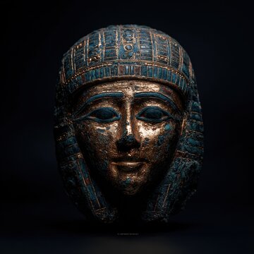 Ancient Egyptian funerary mask in gold with lapis lazuli inlays, isolated on a black background
